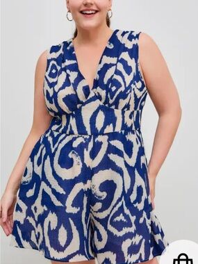 Cider Blue and Cream Printed V-Neck Romper